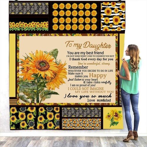 To daughter from Mom and Dad Flannel Blanket Printed with Sunflower Pattern