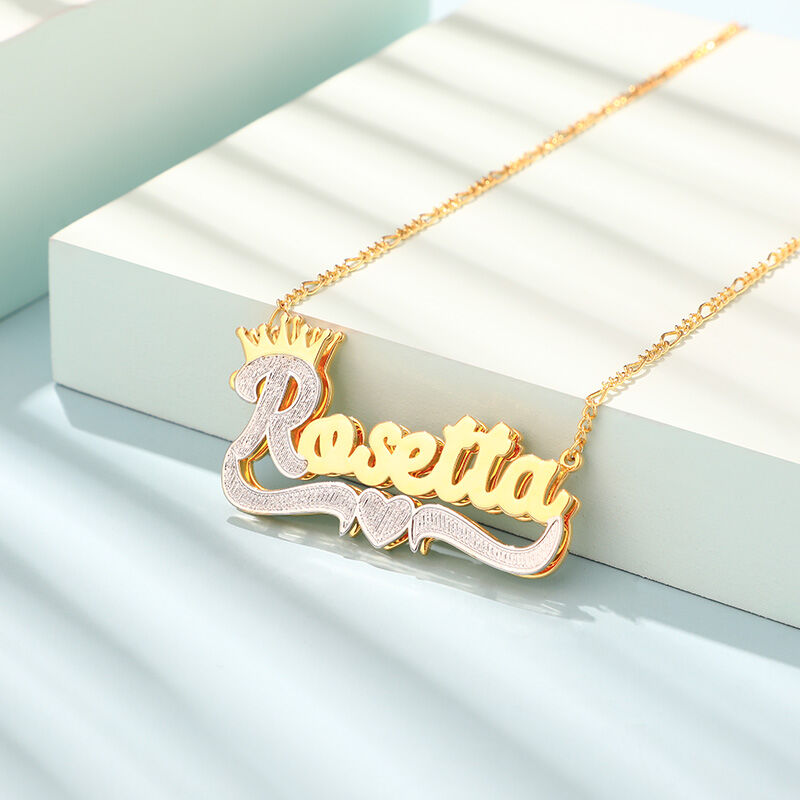 Two Tone Crown Love Heart Name Necklace