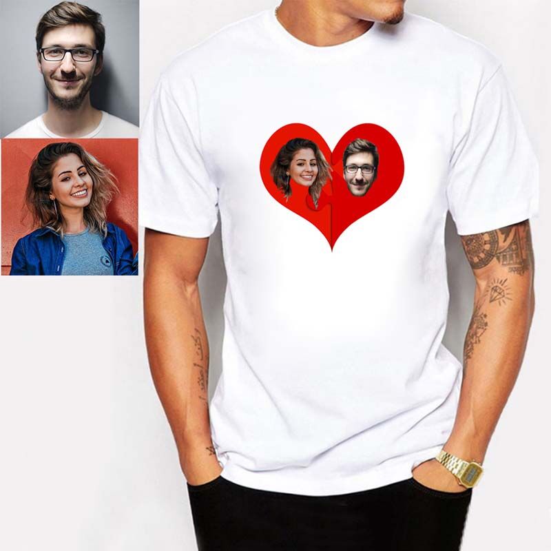"Love Each Other" Custom Double Photo T-Shirt For Couple White