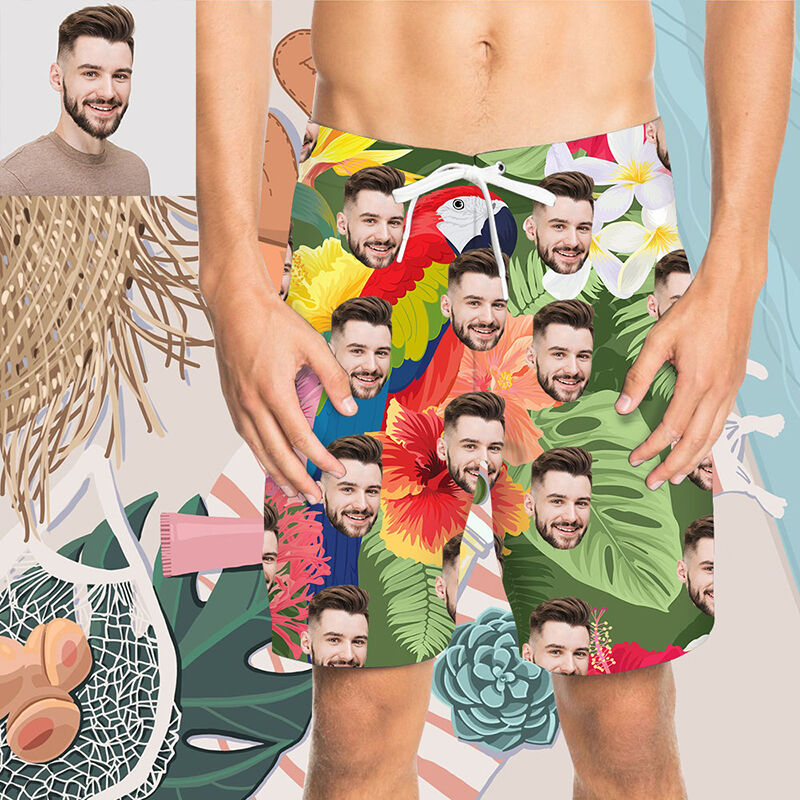 Custom Face Wonderful Flowers and Bird Men's Beach Shorts
