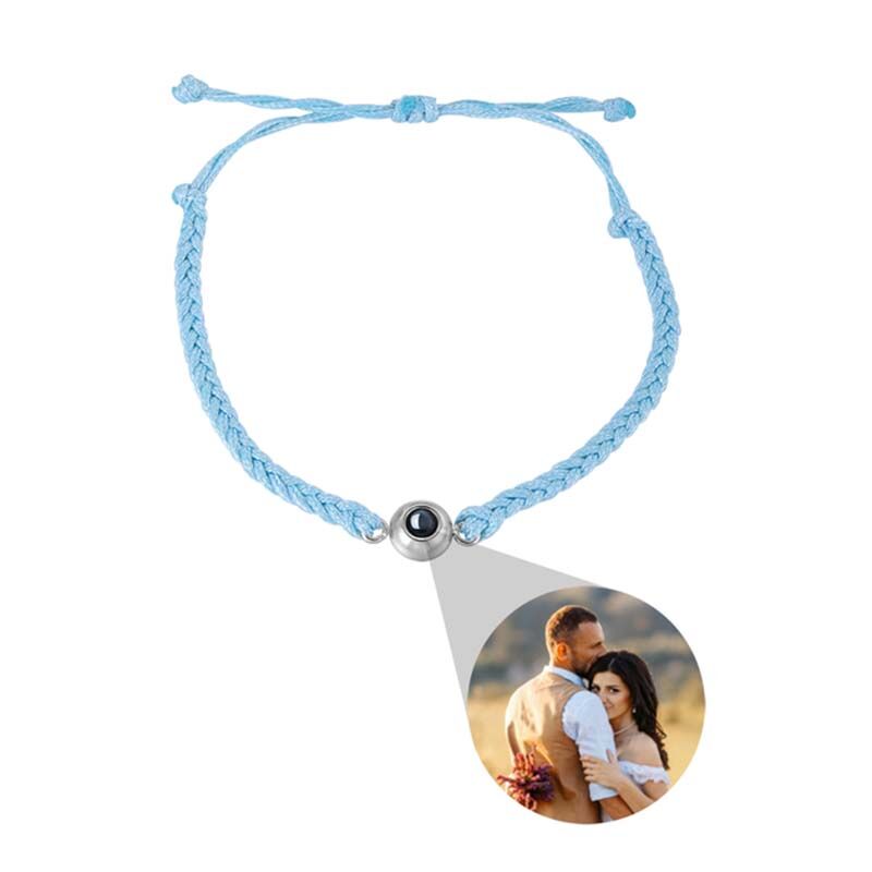 Personalized Circle Photo Projector Bracelet For Women And Men with Blue Rope