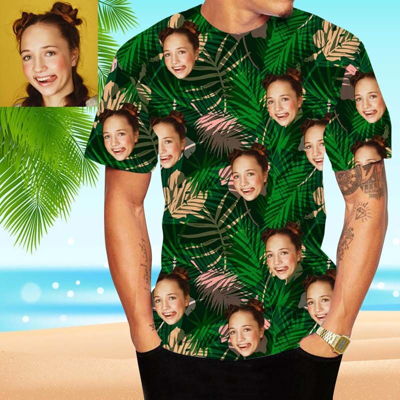 Custom Face Hawaiian T-Shirt With Colorful leaves
