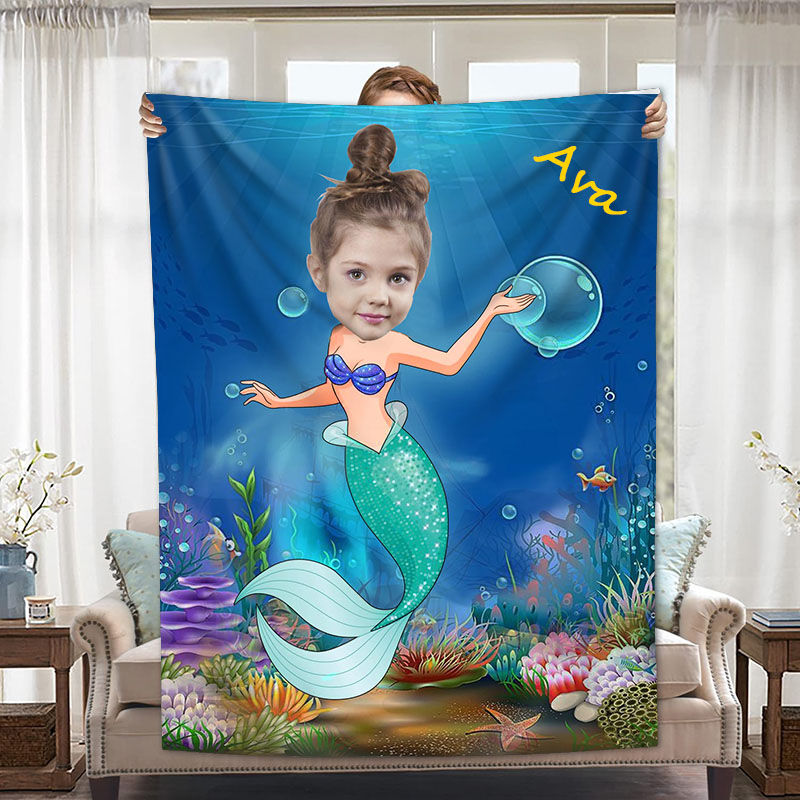 Personalized Custom Photo Blanket Mermaid Image Coral Fleece Blanket