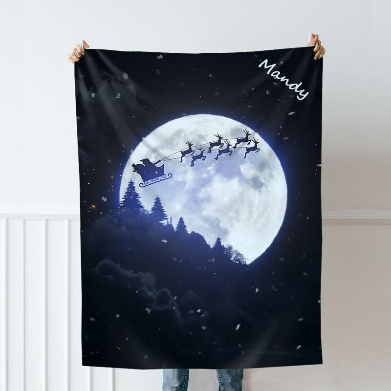 Personalized Name Blanket with Santa Claus Moon Pattern Best Gift for Christmas