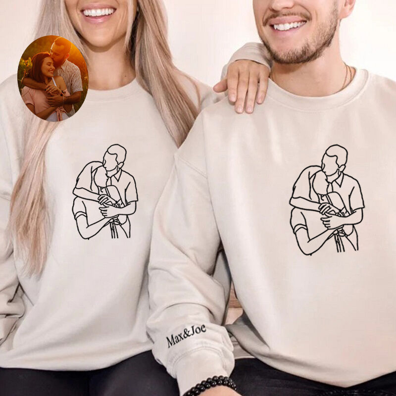 Sweatshirt personnalisé avec photo de couple brodée sur mesure Dessin au trait Cadeau pour amoureux