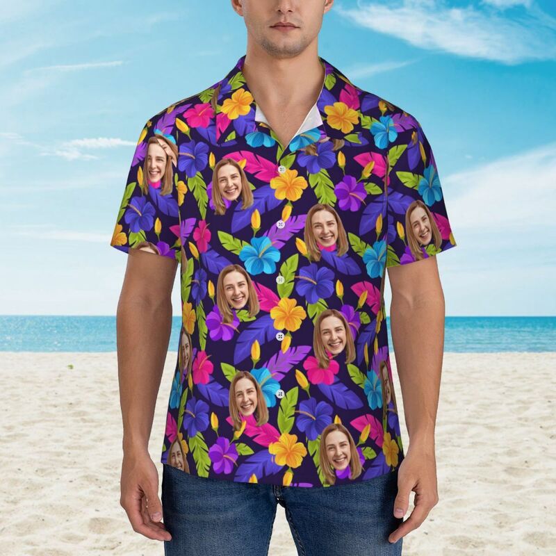 Camicia hawaiana personalizzata con faccia divertente e foglia tropicale per uomo