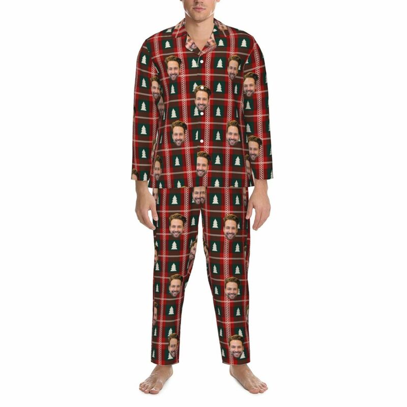 Personalized Pajamas Custom Photo Red and Black Checkered Christmas Tree Pattern Design Gift for Him