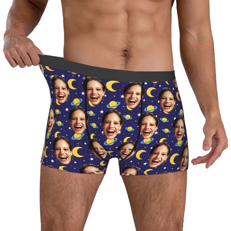 Boxer personnalisé avec photo pour homme avec motif de lune, meilleur cadeau pour petit ami