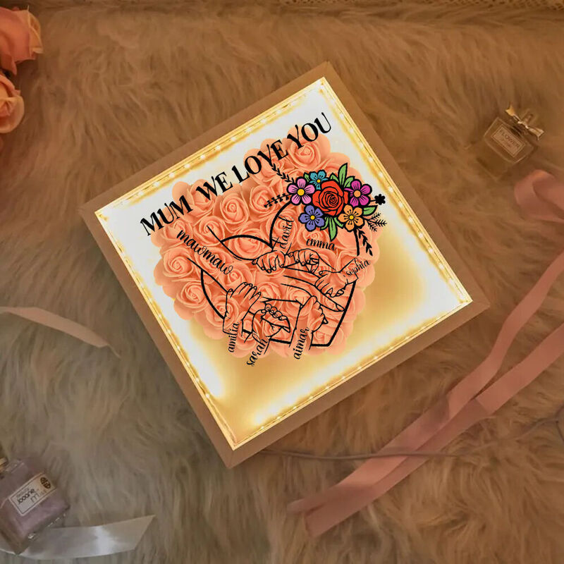 Personalized Flower Shadow Box Photo Frame with Light Customized Hand-in-Hand Pattern Mother's Day Gift