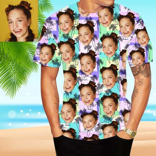 T-Shirt Personalizzate con Volto Stile Hawaiano Spiaggia & Albero Noce di Cocco