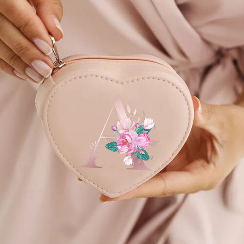Boîte à bijoux en forme de cœur personnalisée Lettre personnalisée avec un joli motif de fleur