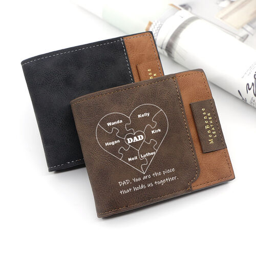 Personalized Simple Men's Trifold Wallet Heart Shaped Name Puzzle for Husband