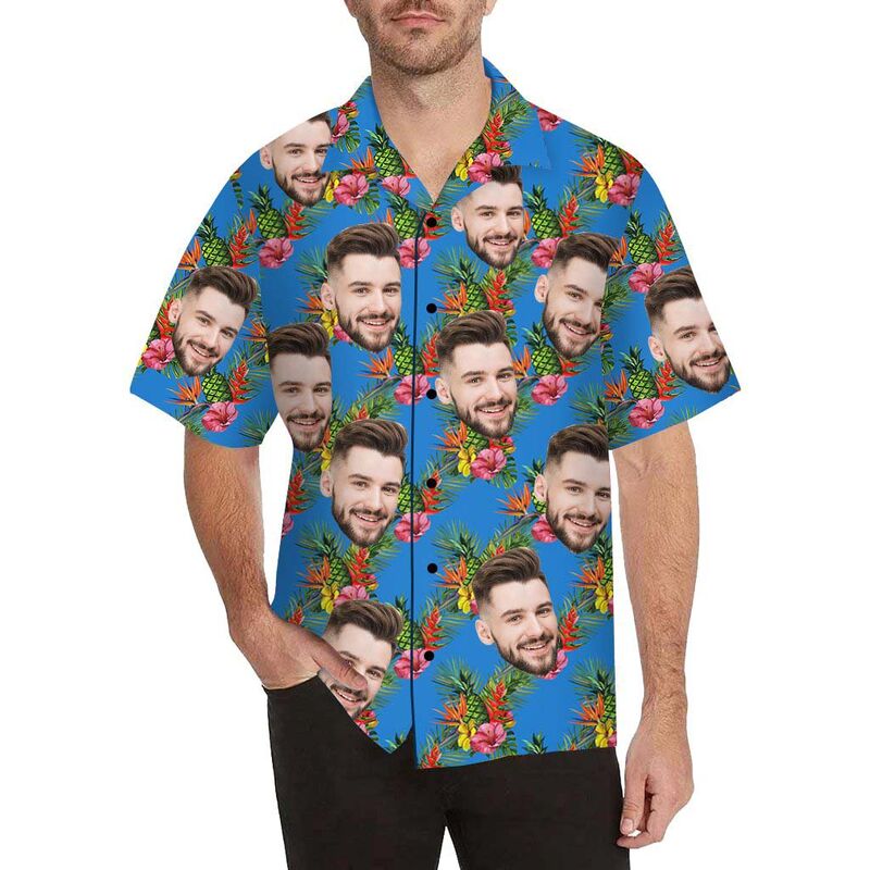 Custom Face Pretty Flower and Pineapple Men's All Over Print Hawaiian Shirt