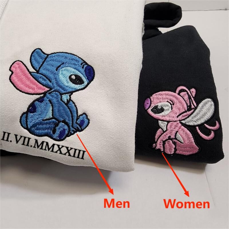Personalized Hoodie Embroidered Stitch and Angel with Custom Roman Numeral Date for Lover's Anniversary