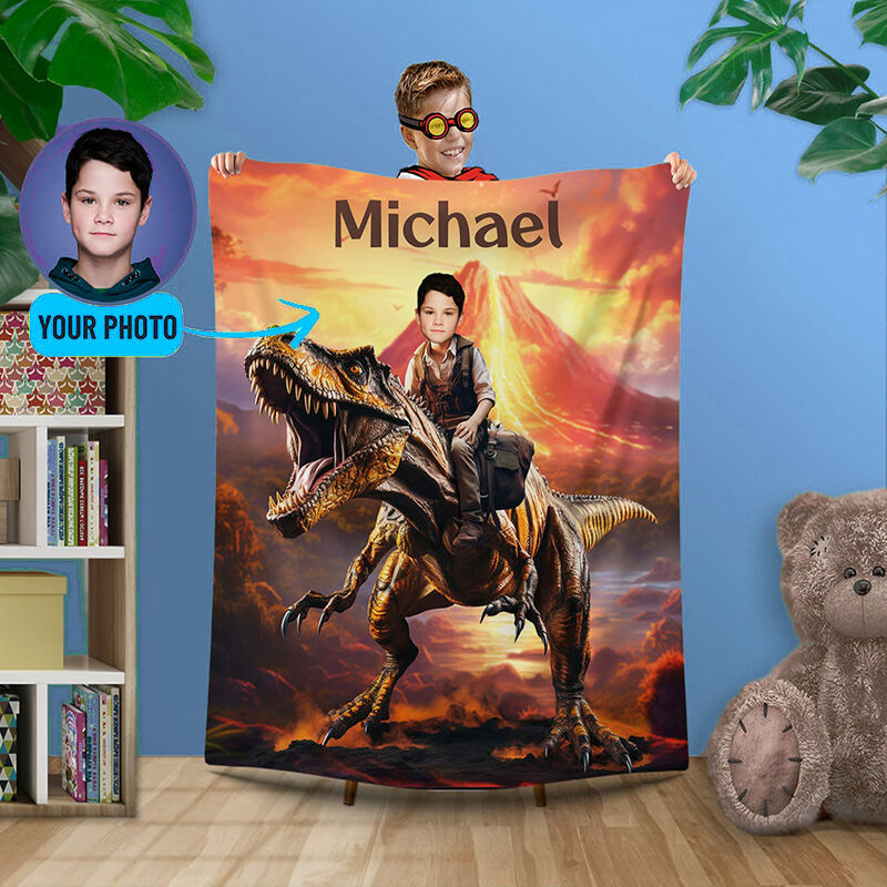Personalized Picture Blanket with Custom Name And Dinosaur Pattern Cool Gift for Kids