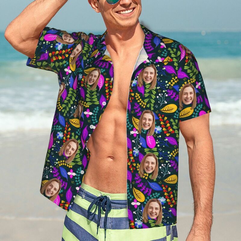 Camicie hawaiane personalizzate Fiori e foglie Camicia da spiaggia Aloha personalizzata per uomo