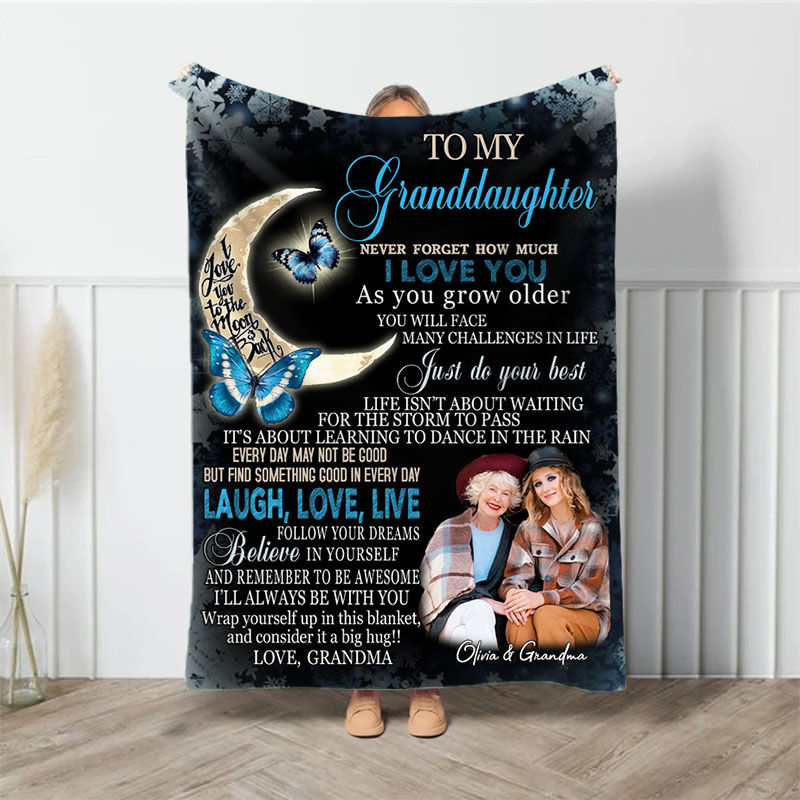 Personalized Picture Blanket with Blue Butterflies Pattern Funny Gift for Granddaughter "Never Forget"