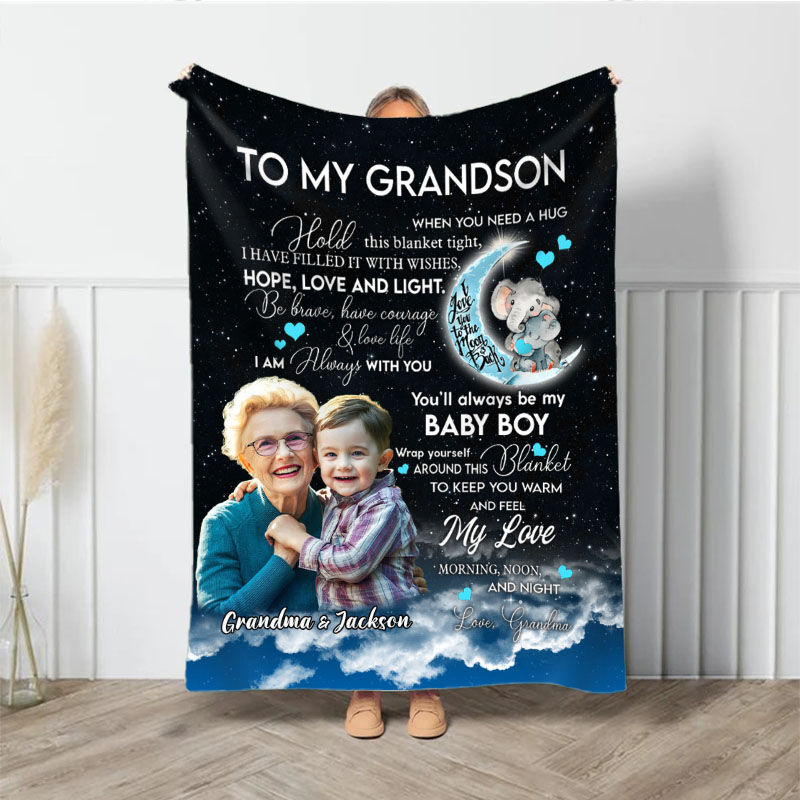 Personalized Picture Blanket with Cute Elephant Pattern Best Gift for Grandson