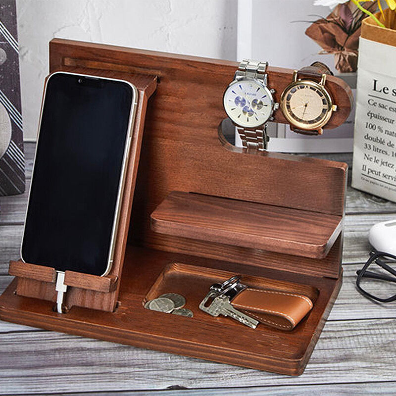 Persoonlijke bureau-organisator Telefoon-docking-station Houten stand Aangepast design Nuttig cadeau voor hem