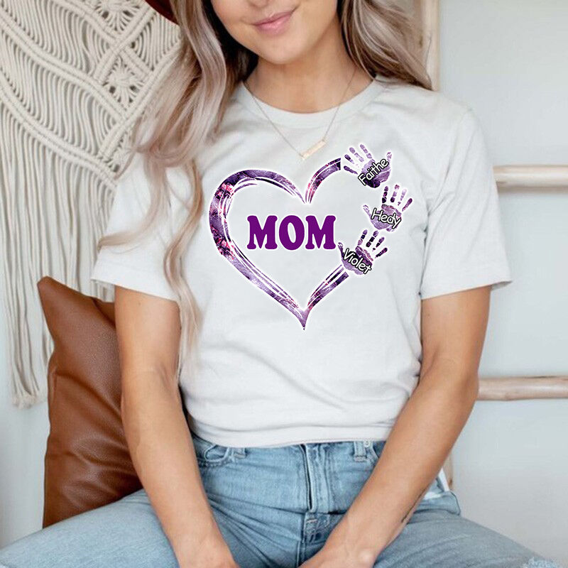 Personalized T-shirt Custom Kids Name Sparkling Heart Hands Design Exquisite Mother's Day Gift
