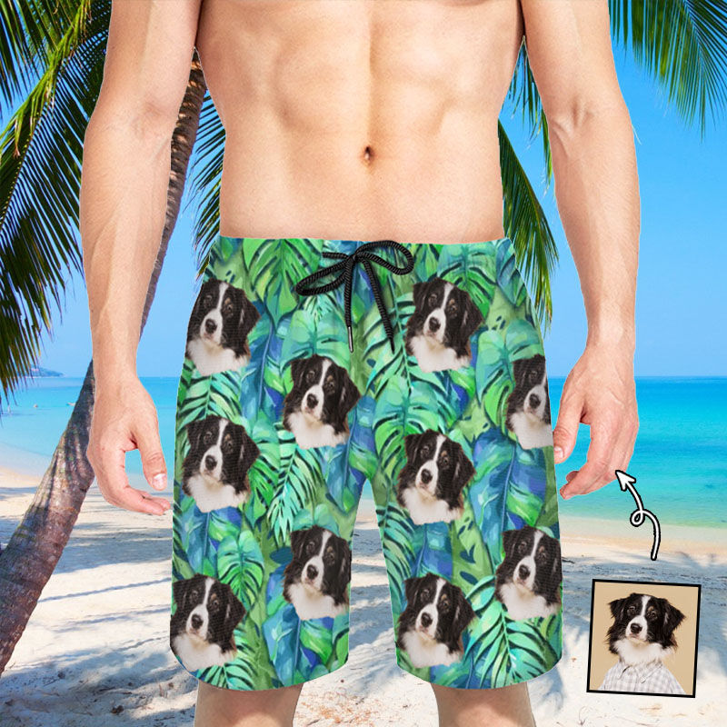 Personalized Picture Men's Beach Shorts with Leaves Pattern Wonderful Gift for Family