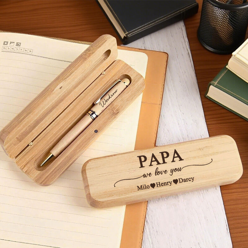 Boîte en bois personnalisée pour stylo papa nous t'aimons noms personnalisés design cadeau idéal pour papa