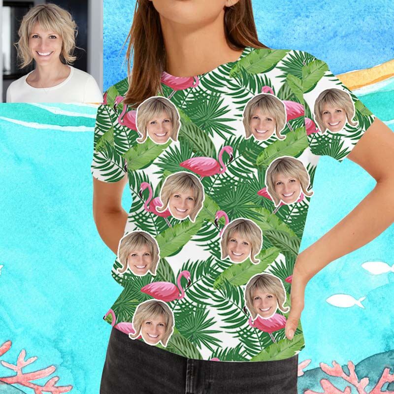 T-shirt "Flamant dans l'herbe" hawaïen pour femme avec visage personnalisé