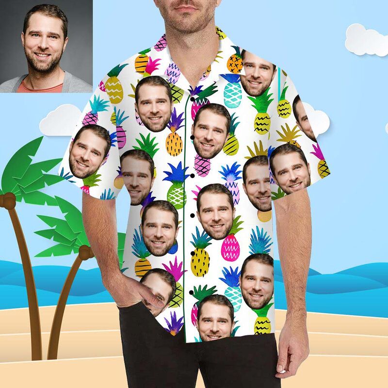 Chemise hawaïenne personnalisée avec visage et ananas colorés pour hommes, à impression intégrale