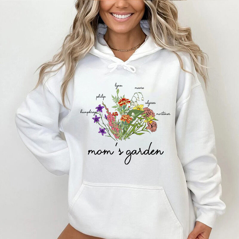 Sudadera con capucha jardín de mamá con nombre y flor personalizados para dulce mamá