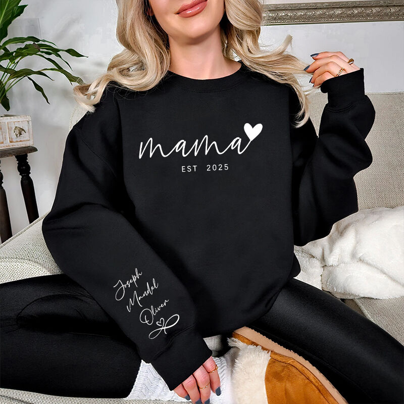 Personalized Sweatshirt Mama Heart Custom Names On The Sleeve Design Perfect Gift for Mother's Day
