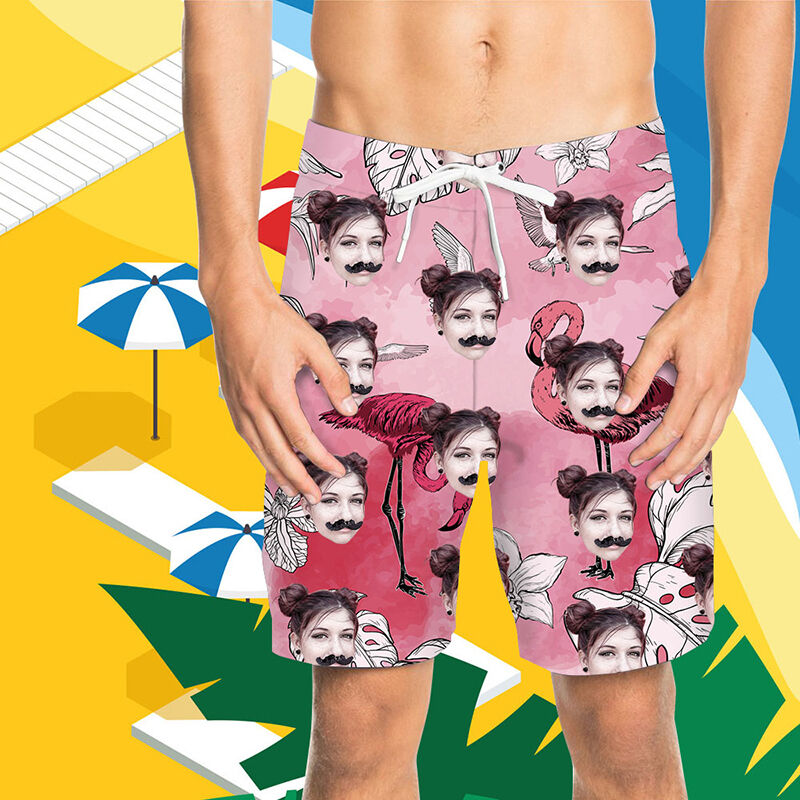 Custom Face Flamingo and Leaves Pink Men's Beach Shorts