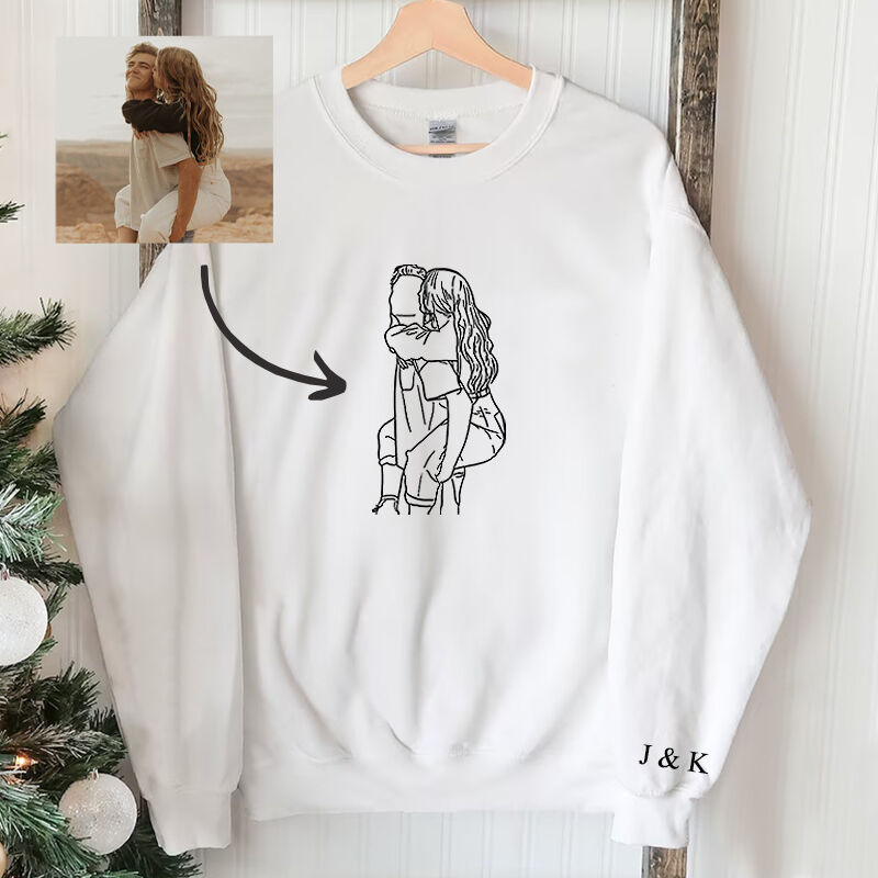 Personalized Sweatshirt Custom Embroidered Couple Photo Line Drawing Design Great Gift for Lovers