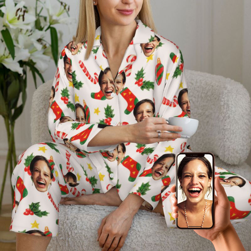 Personalized Pajamas Custom Photo Cute Stockings Festive Pattern Design Christmas Gift for Family