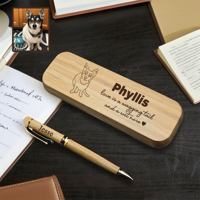 Gepersonaliseerde houten pennenhouder met gepersonaliseerde boodschap Foto van huisdier Lijntekeningontwerp Perfect cadeau voor dierenliefhebbers