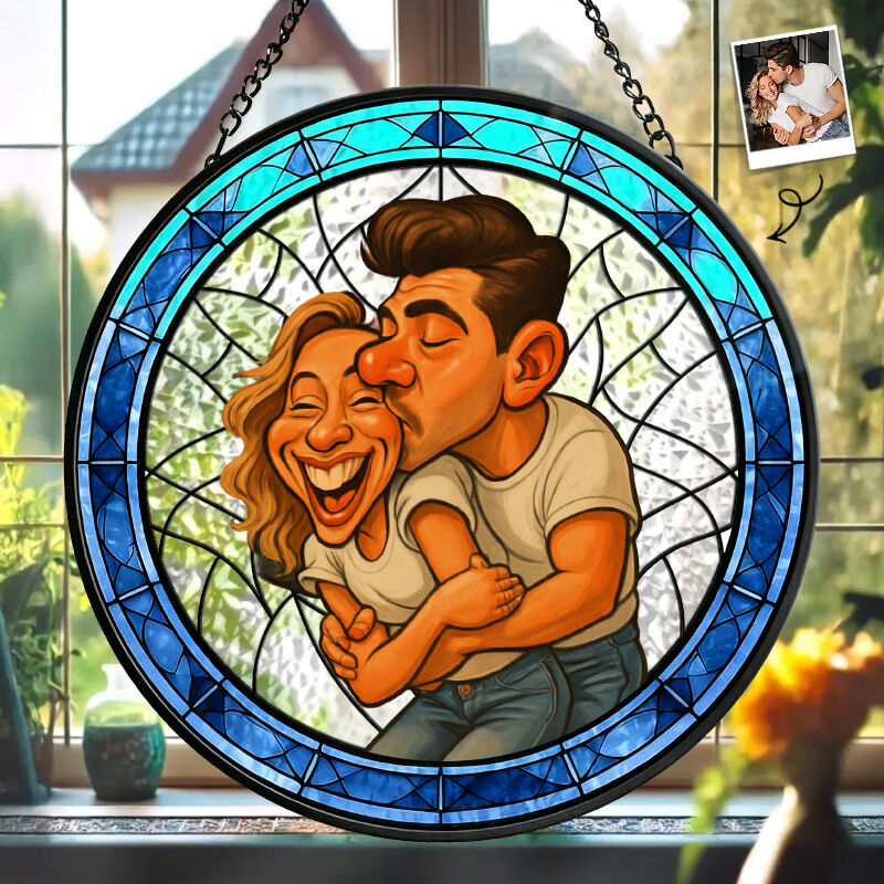 Personalized Stained Glass Window Hanging Suncatcher Funny Couple Caricature for Anniversary