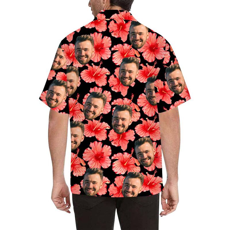 Custom Face Red Hibiscus Men's All Over Print Hawaiian Shirt
