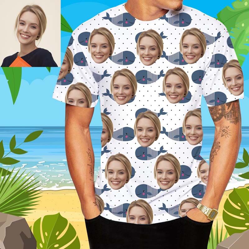 T-shirt hawaïen "Le monde des poissons mignons" pour homme avec visage personnalisé