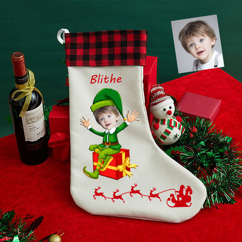 Personalized Custom Face Christmas Stockings Cartoon Character Sitting on Gift Box
