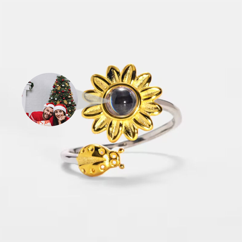 Gepersonaliseerde beeldprojectie ring met zonnebloem hanger en insect stijlvol kerstcadeau voor dierenliefhebbers