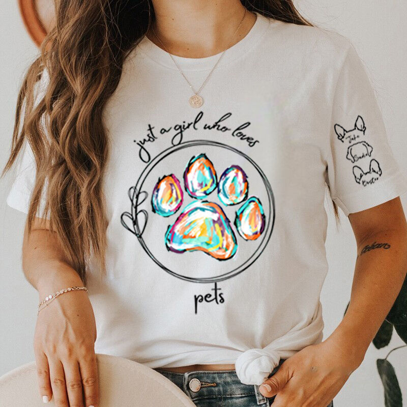 Personalized T-shirt Colorful Paw Pattern and Optional Pet Head Design Gift for Pet Lovers