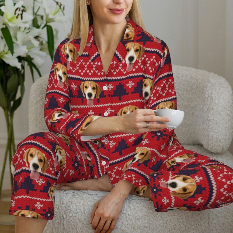 Personalized Pajamas Custom Photo Christmas Elements Red Style Pattern Design Gift for Family