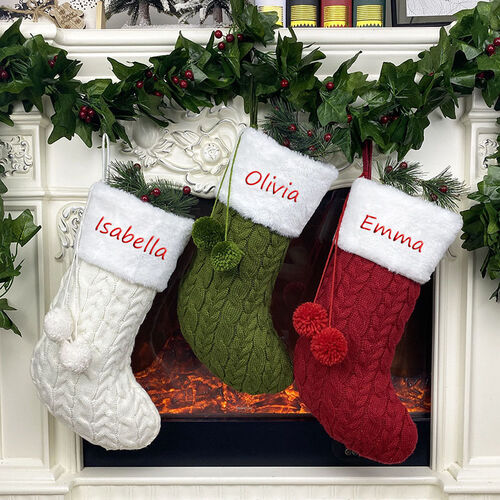 Personalized Knit Pom Pom Custom Name Christmas Stockings