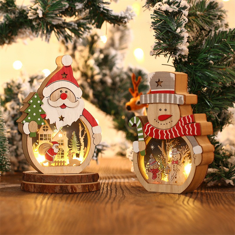 Santa Claus And Snowman 3D Wood Carving Decorative Light Creative Gift for Christmas