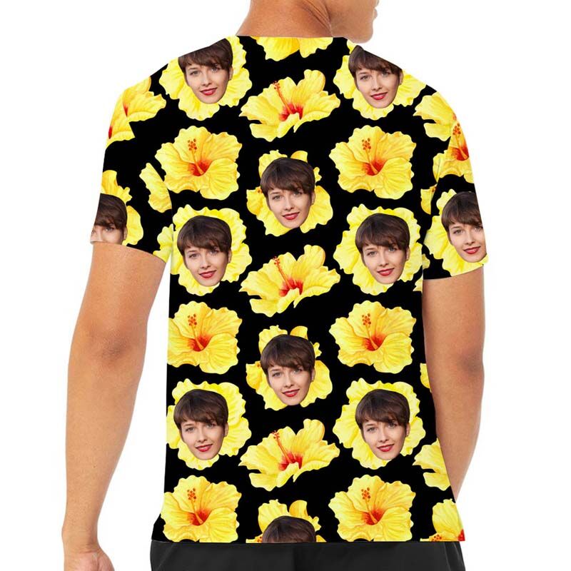 T-shirt hawaïen personnalisé avec visage imprimé de fleurs jaunes