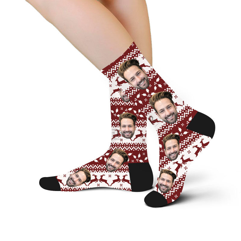 Custom Face Picture Socks Printed with Elk Head for Christmas