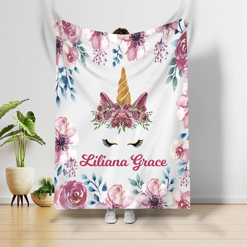 Personalized Name Blanket Floral And Unicorn Pattern Unique Gift