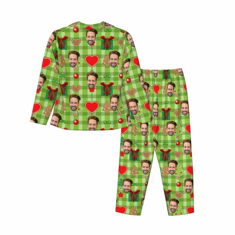 Personalisierte Pyjamas mit individuellem Foto Weihnachtselemente Symbole Grün-Stil Muster Design Geschenk für die Familie