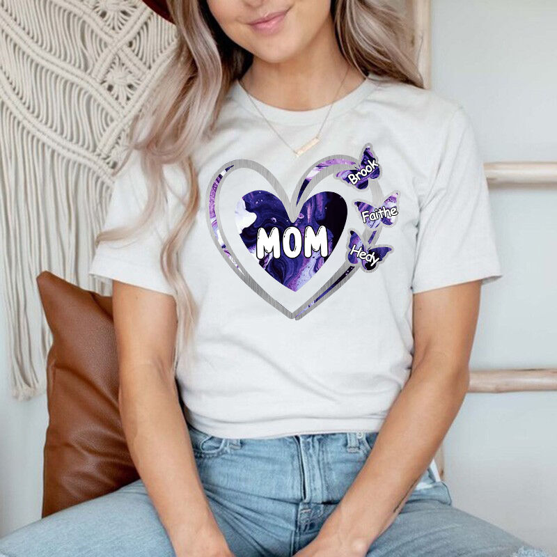 Personalized T-shirt Custom Colorful Glitter Heart Butterfly Kids Design Exquisite Mother's Day Gift