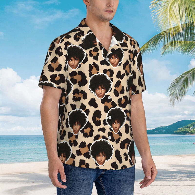 Chemise hawaïenne personnalisée avec imprimé léopard manches courtes pour couples pour anniversaire