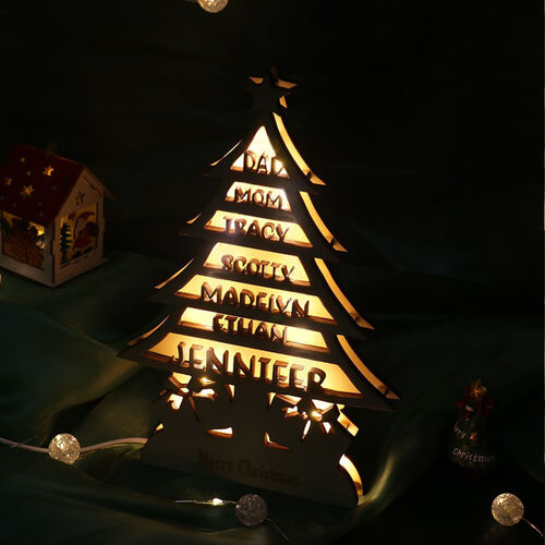 Personalisiertes Holz Weihnachtsbaum Geschenk Individuelles Namenslicht für Familie